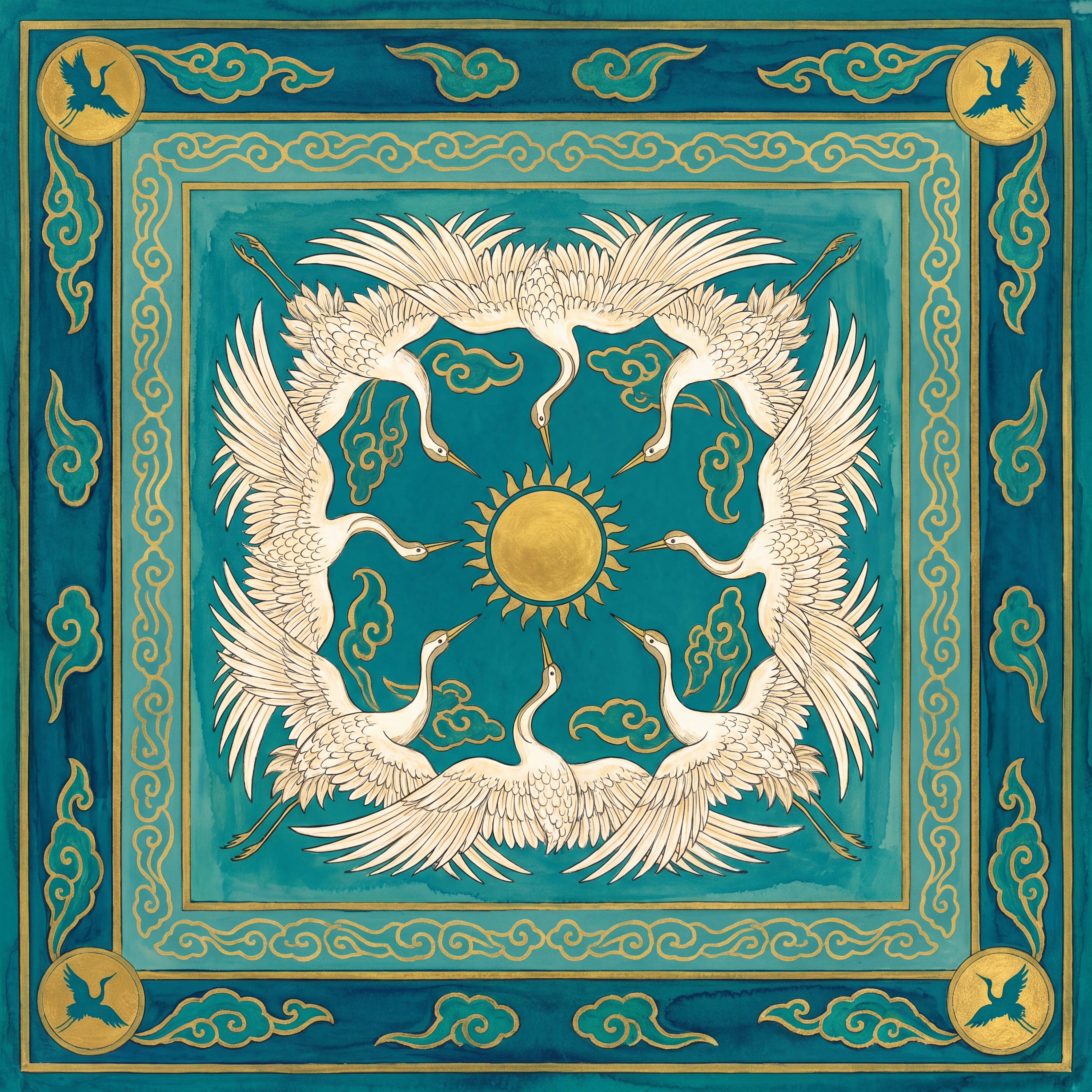 Crane Cloud — white cranes on deep teal mahjong mat