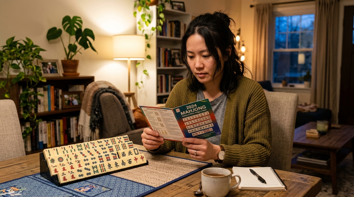 Someone studying a mahjong hand card next to a tile rack at home, cosy home setting