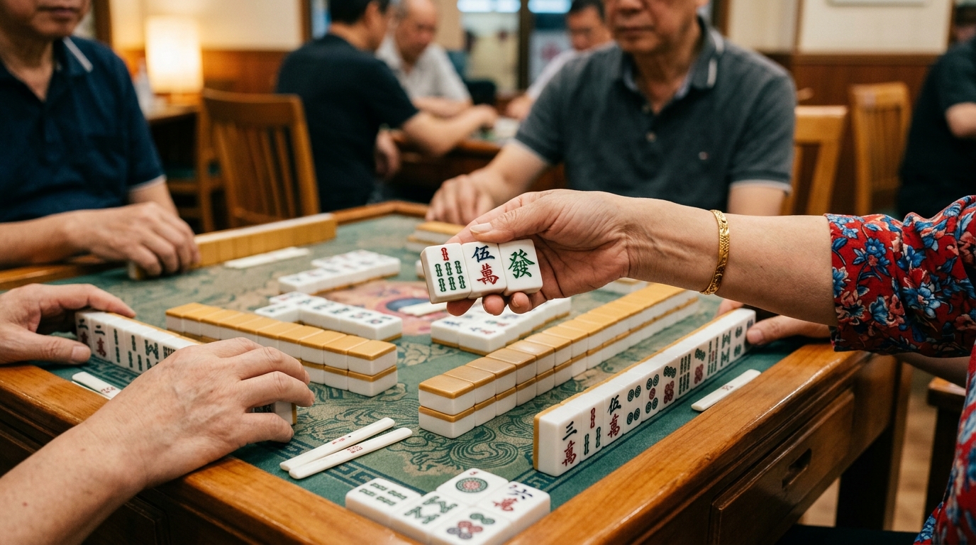 A player selecting three mahjong tiles to pass to the left, tiles held in hand over the table