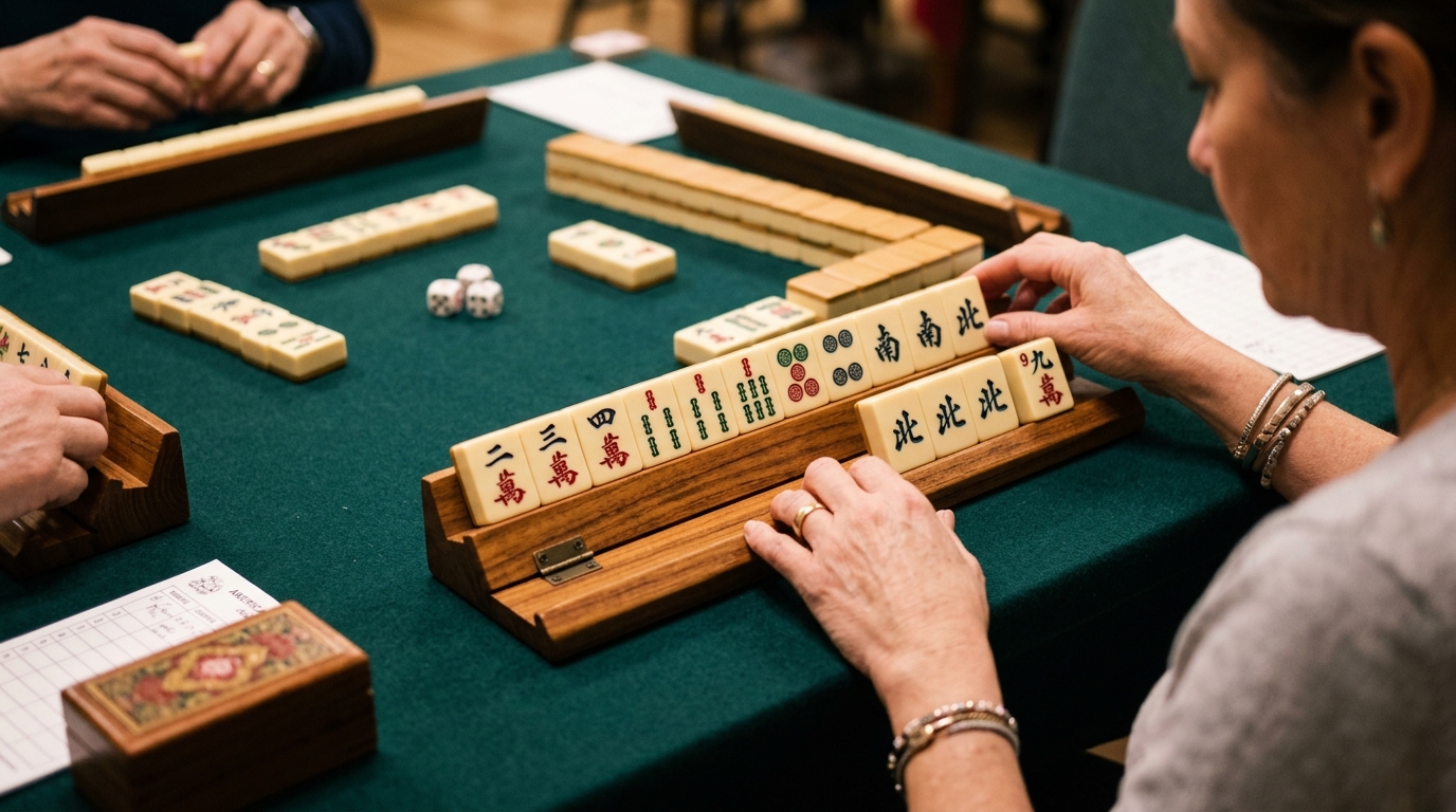 A player's mahjong rack showing a strategic arrangement of tiles after the Charleston